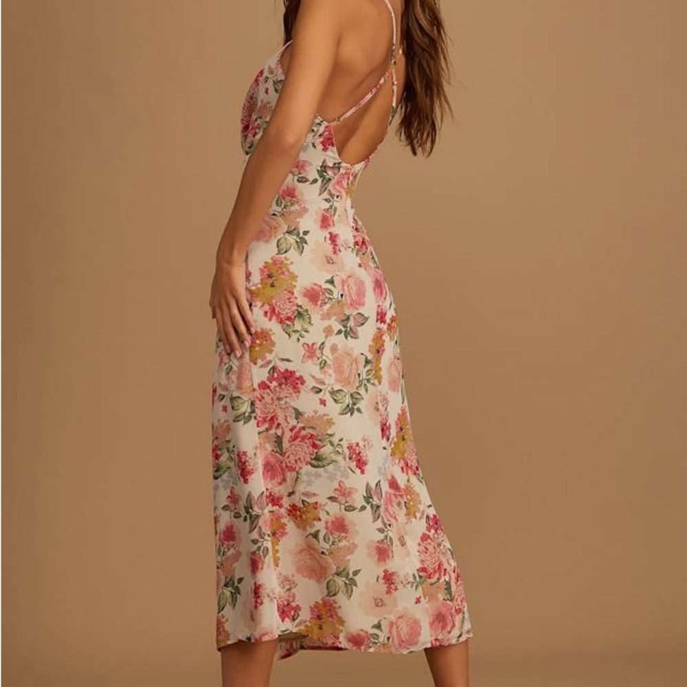 Lulu's Pink and Cream Floral Midi Dress - Picture 2 of 9